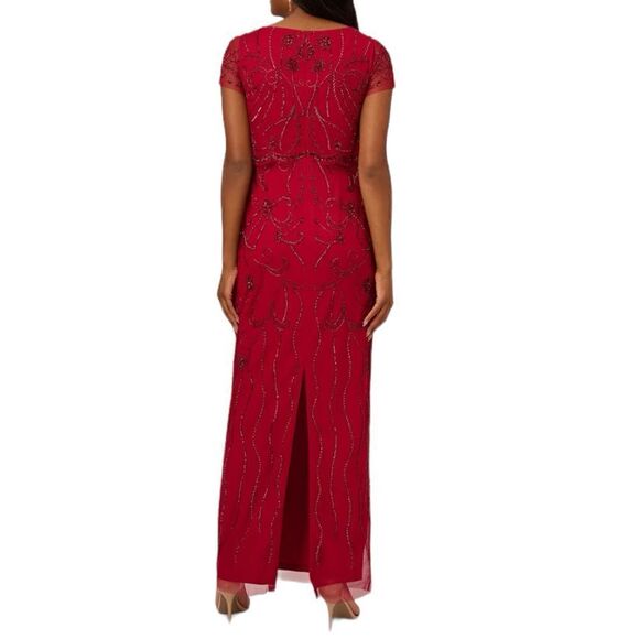 Adrianna Papell Beaded Scalloped-Popover Gown in the Size 16 in Cranberry Color - Picture 3 of 6